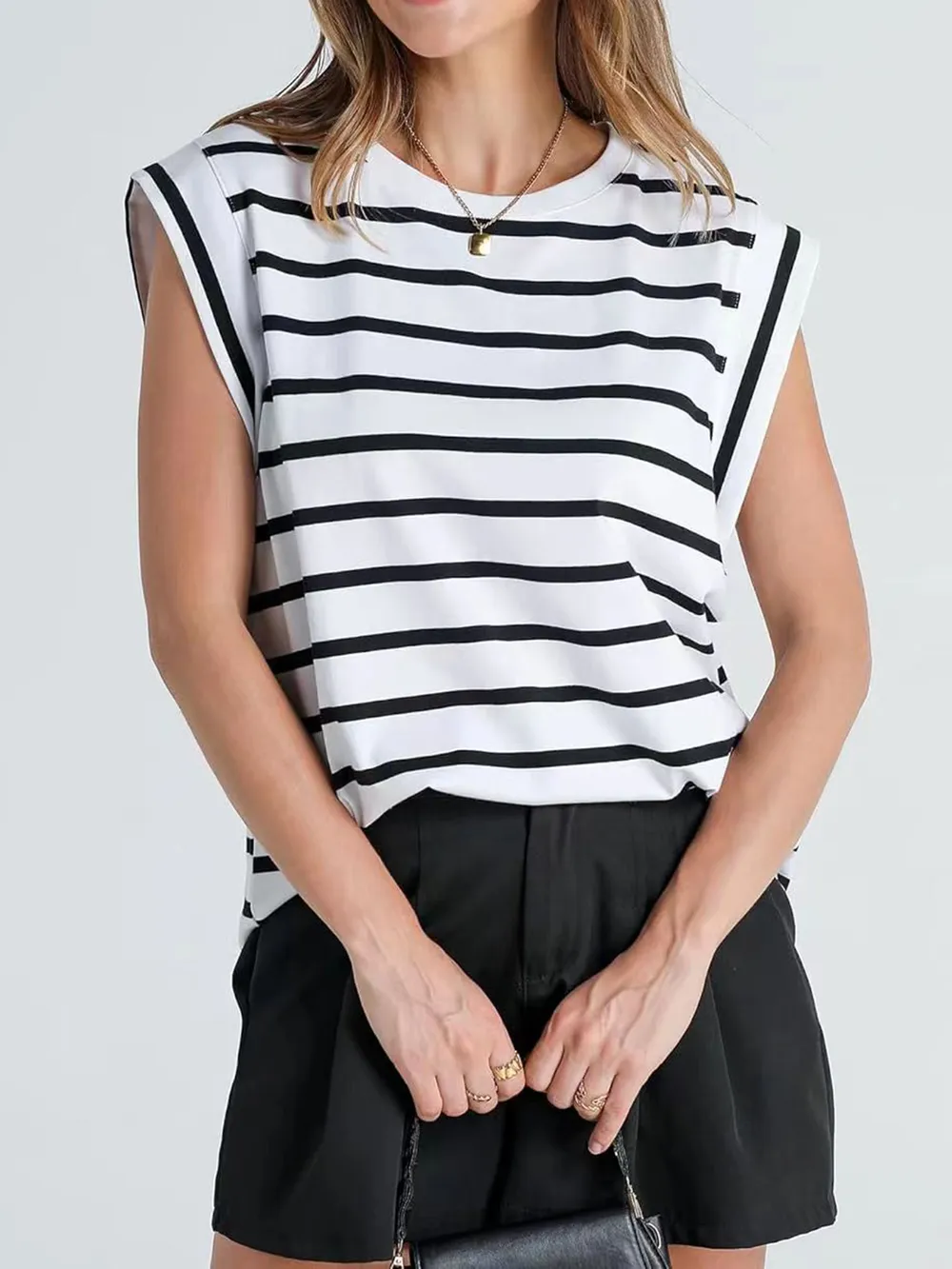 Striped Round Neck Cap Sleeve T-Shirt, image 17