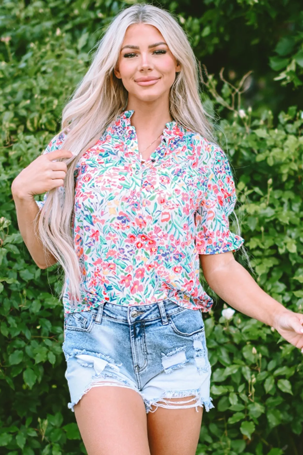Printed Notched Short Sleeve Blouse, image 9