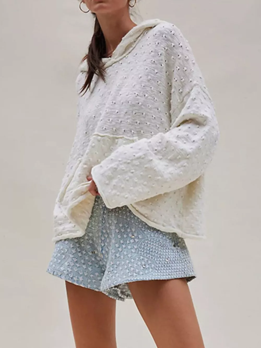 Textured Dot Knit Long Sleeve Hooded Sweater, image 8