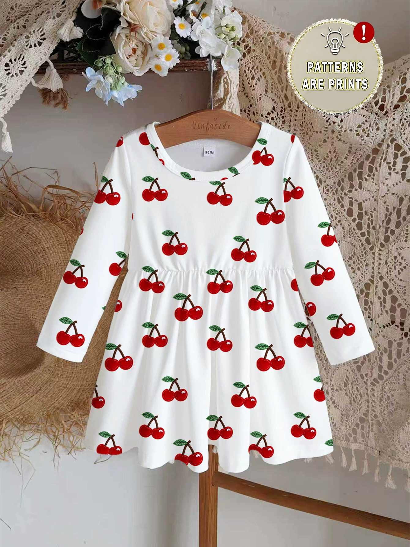 Children's Cherry Print Long Sleeve Casual Dress, image 4
