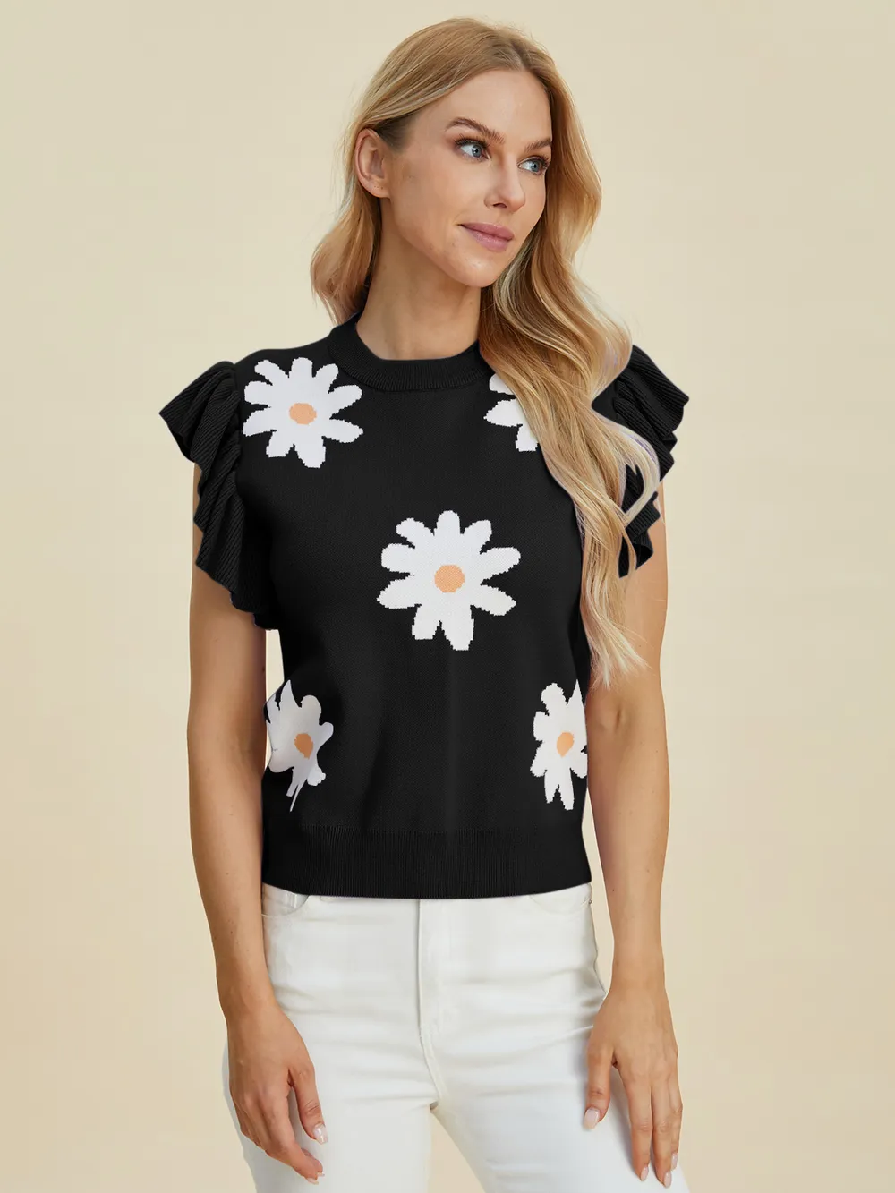 Full Size Ruffled Flower Round Neck Cap Sleeve Sweater, image 8