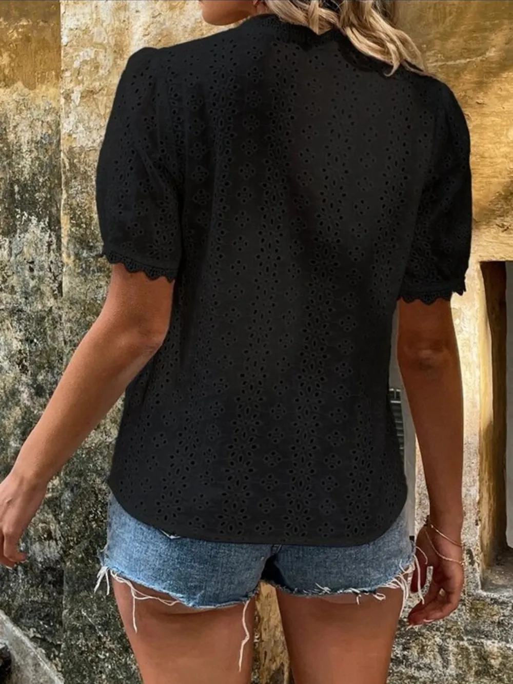 Full Size Eyelet V-Neck Short Sleeve Blouse Plus Size, image 13