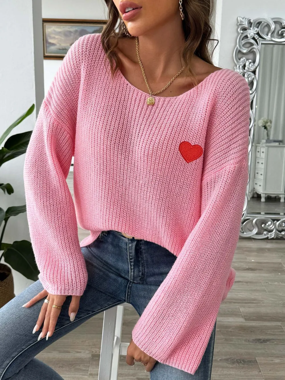 Heart Boat Neck Dropped Shoulder Sweater, image 13