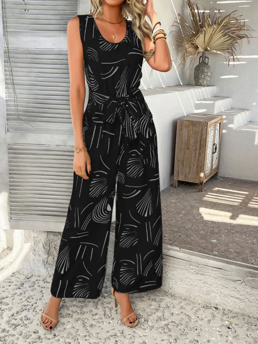 Printed Round Neck Sleeveless Tie Waist Jumpsuit, image 5