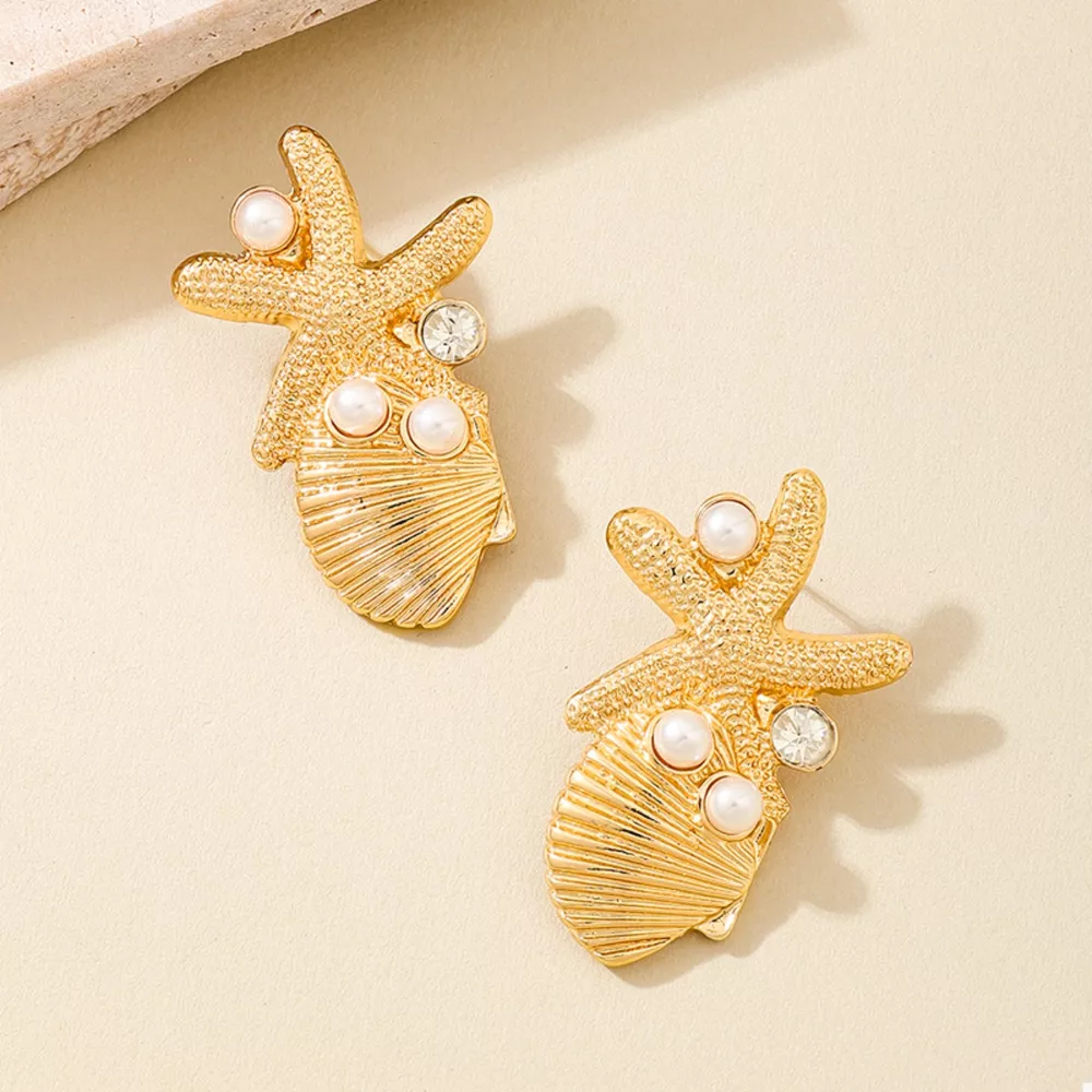 Ocean Starfish Shell Synthetic Pearl Drop Earrings, image 2