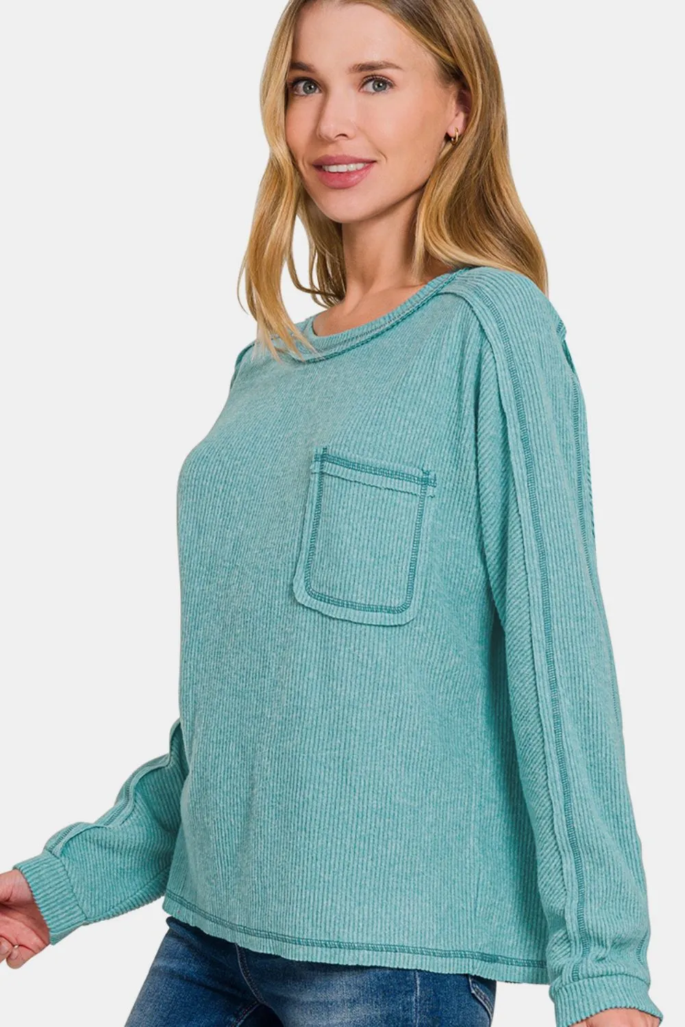 Full Size Contrast Stitching Brushed Ribbed Hacci Knit Top Plu Size, image 3