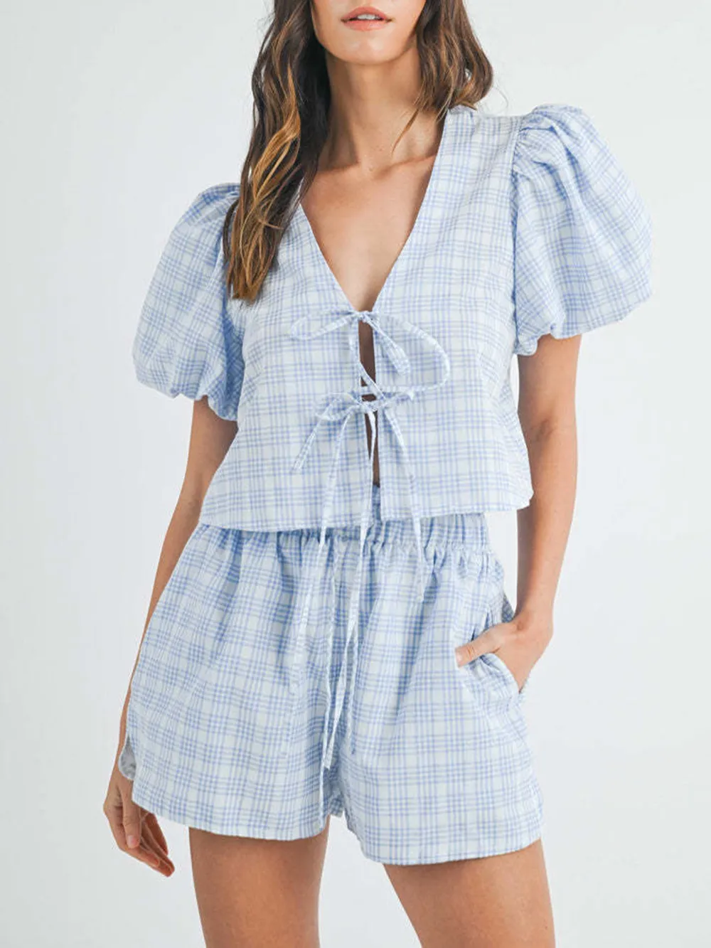 V-Neck Puff Sleeve Top and Shorts Set, image 11