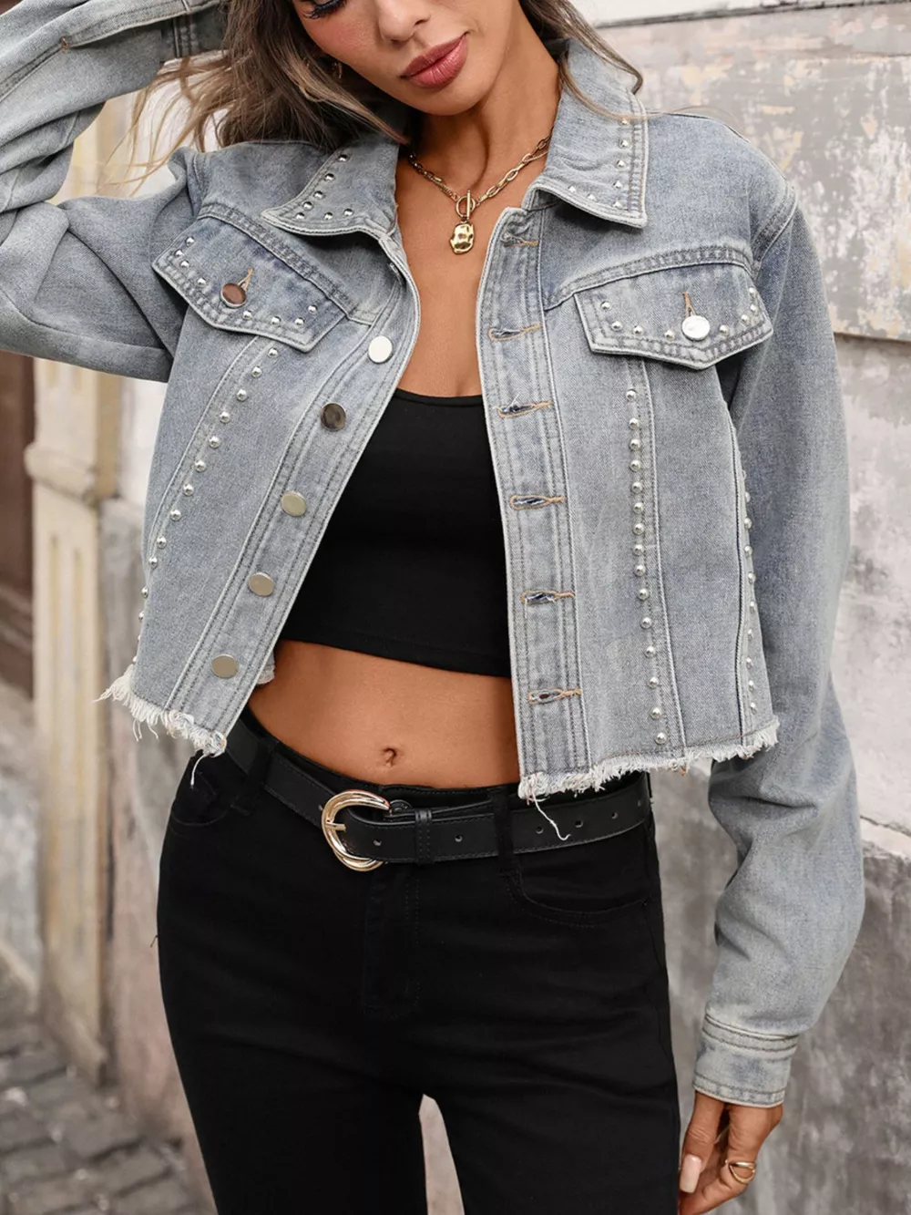 Studded Raw Hem Denim Jacket, image 4