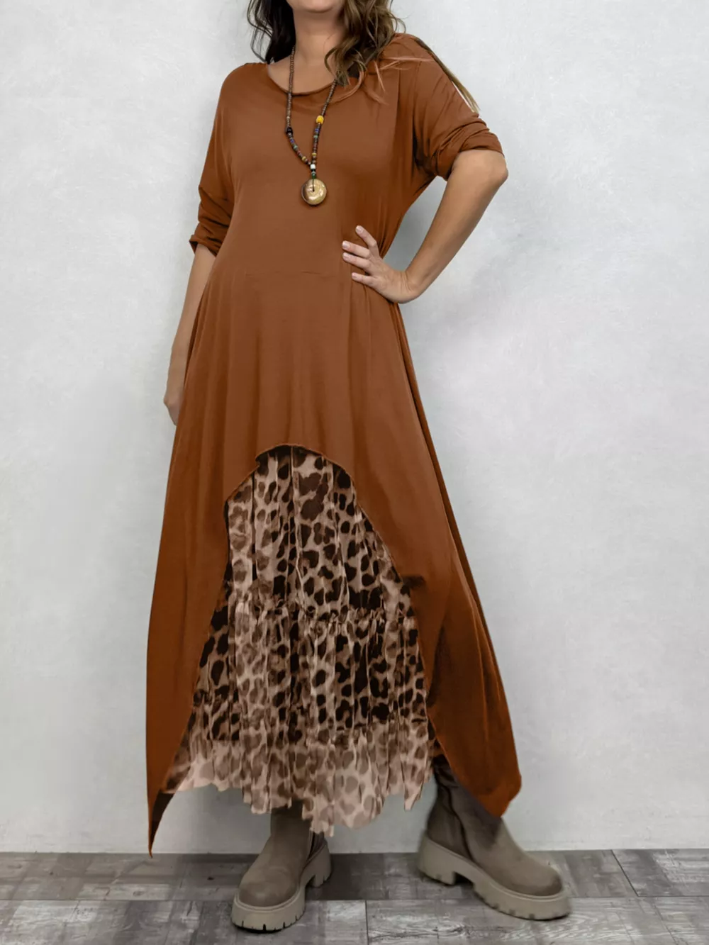 Plus Size Leopard Print Asymmetrical Hem Midi Dress