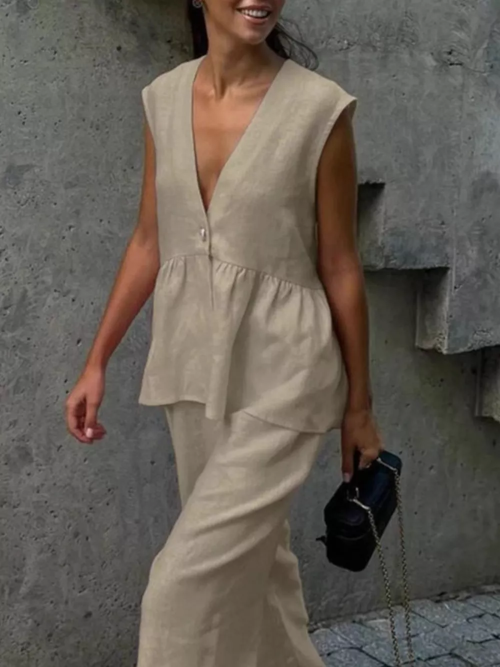 One Button Sleeveless Top and Wide-Leg Pants Set, image 9
