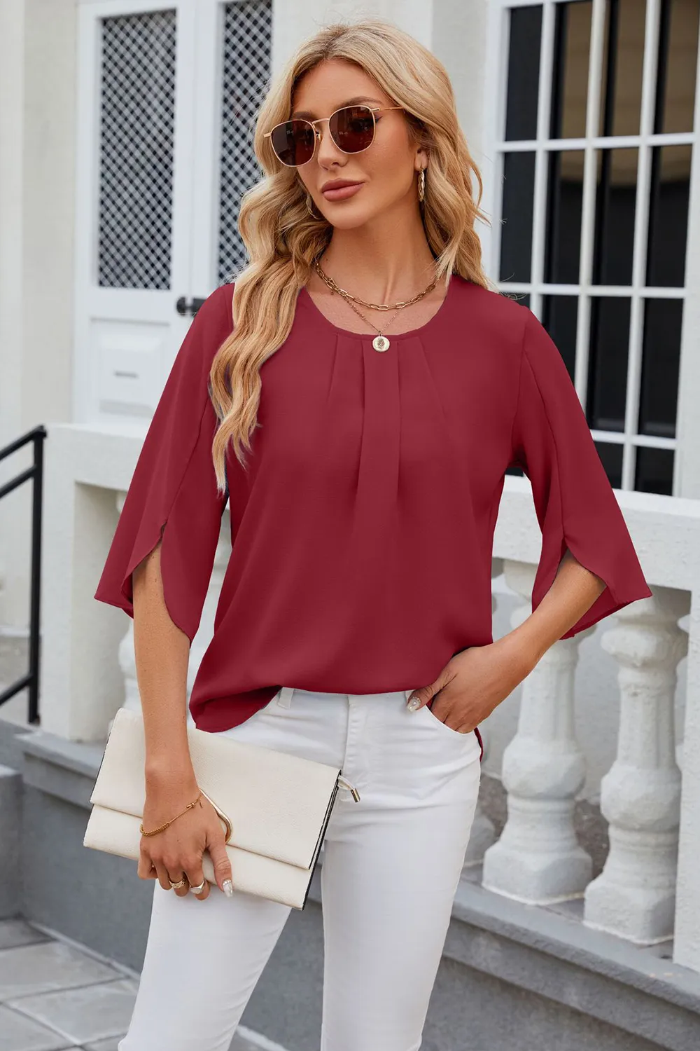 Round Neck Slit Half Sleeve Top, image 4