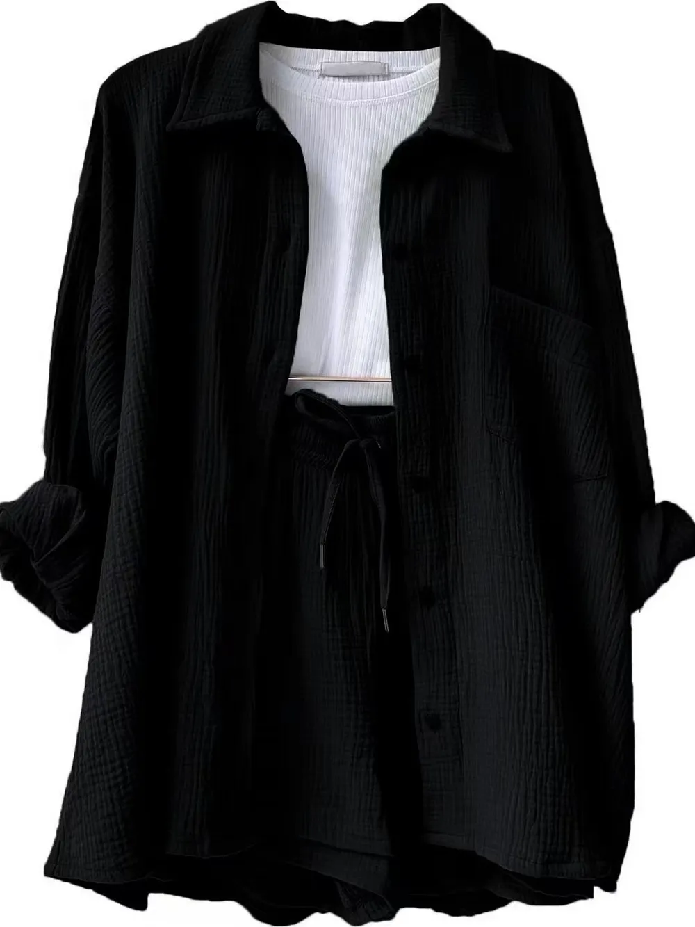 Texture Button Up Shirt and Drawstring Shorts Set, image 32