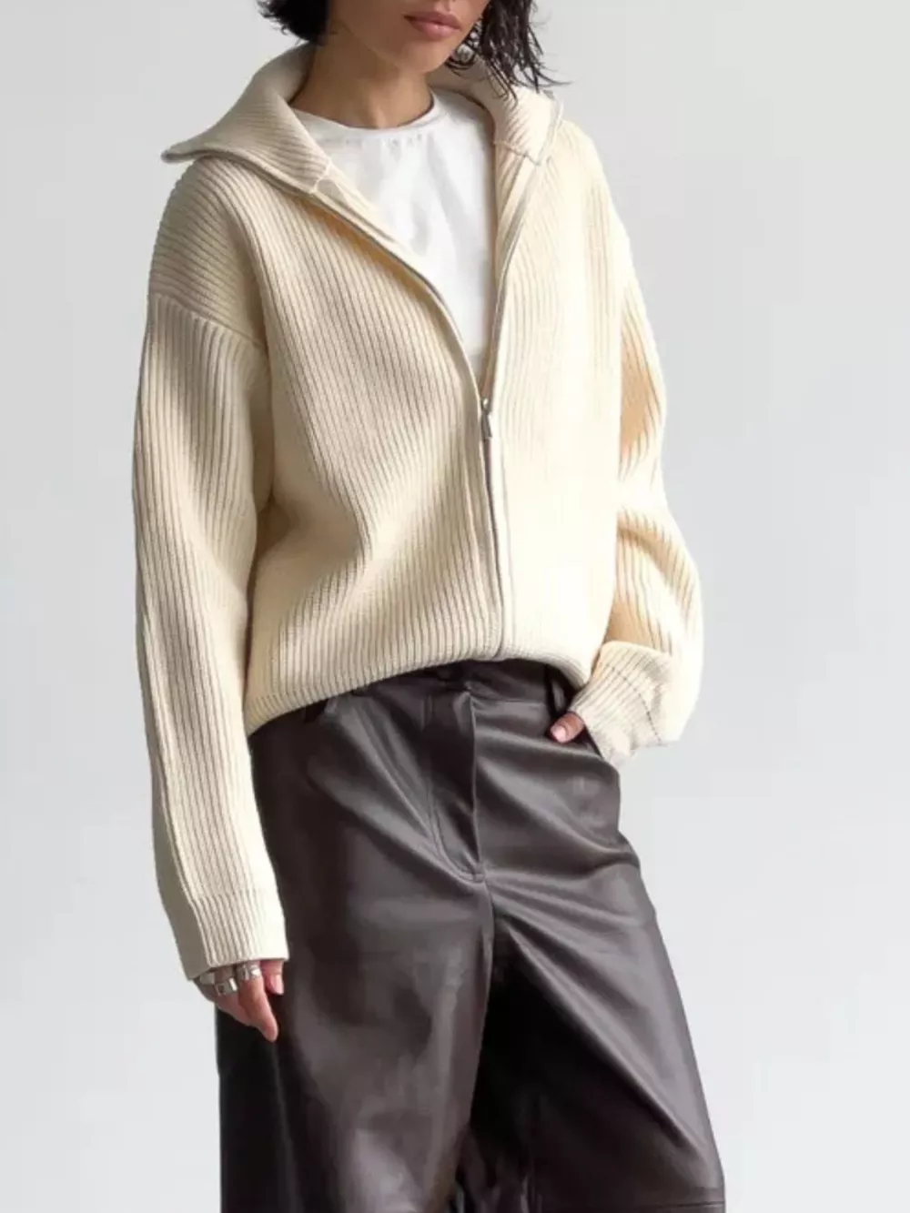Zip-Up Ribbed Knit Cardigan, image 4
