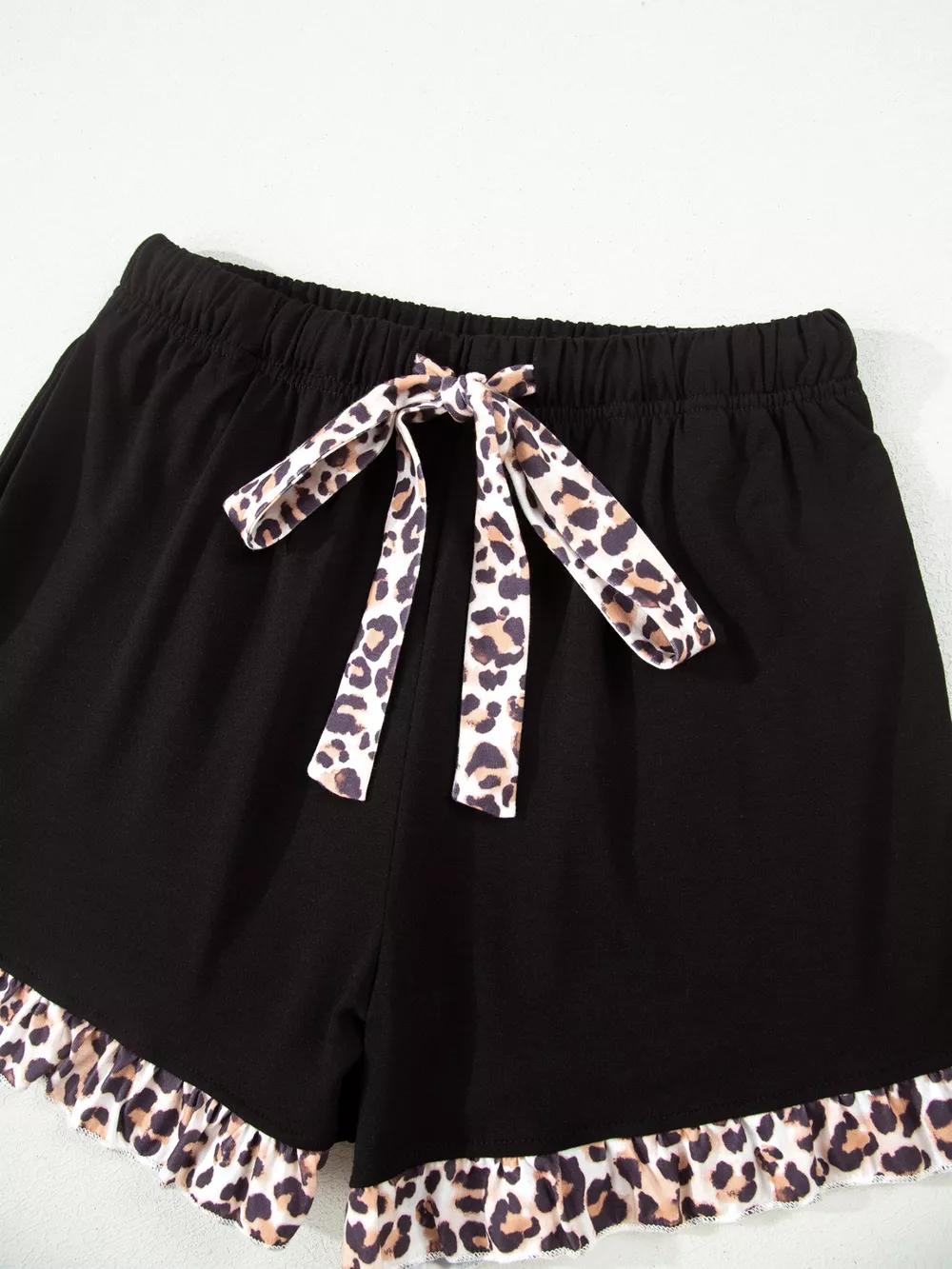 k Leopard Patchwork Trim Lapel Shirt Drawstring Shorts 2pcs Pajama Set, image 7
