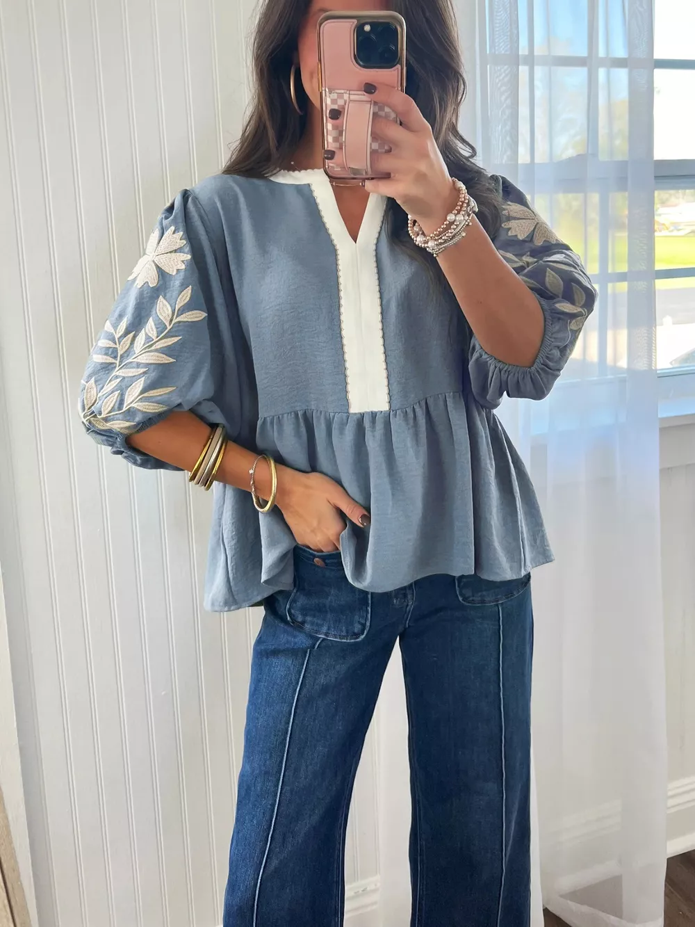 Embroidered Sleeve Peplum Blouse, image 2