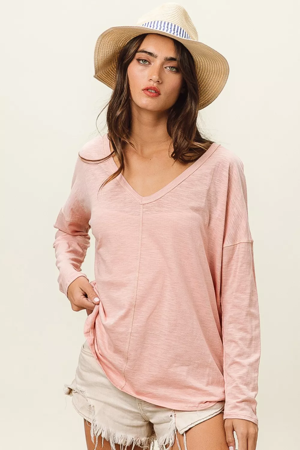 Exposed Seam V-Neck Long Sleeve T-Shirt, image 7