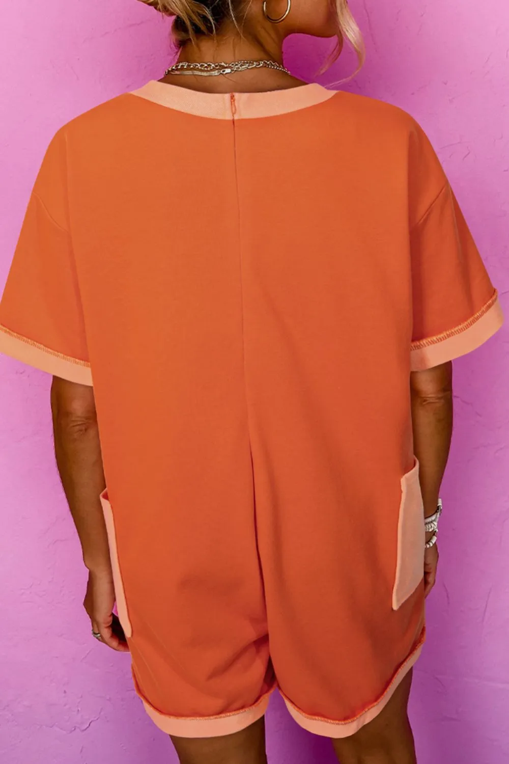 Two-Tone Short Sleeve V Neck Patched Pocket Romper, image 8