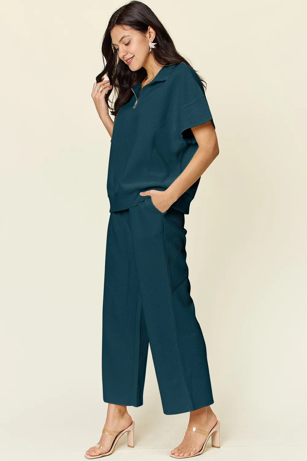 Full Size Texture Half Zip Short Sleeve Top and Pants Set, image 32