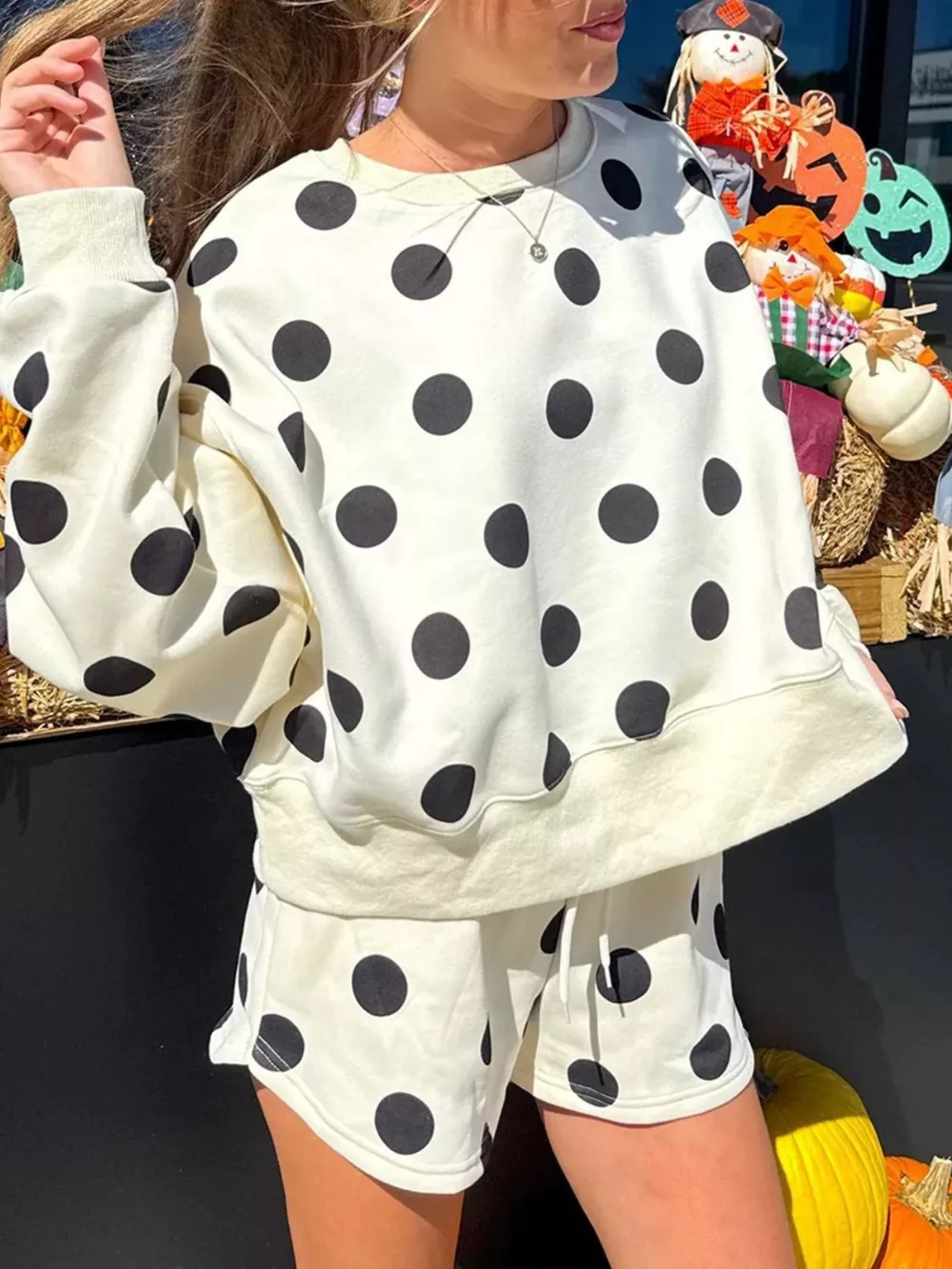 Polka Dot Crewneck Sweatshirt and Shorts Set, image 2