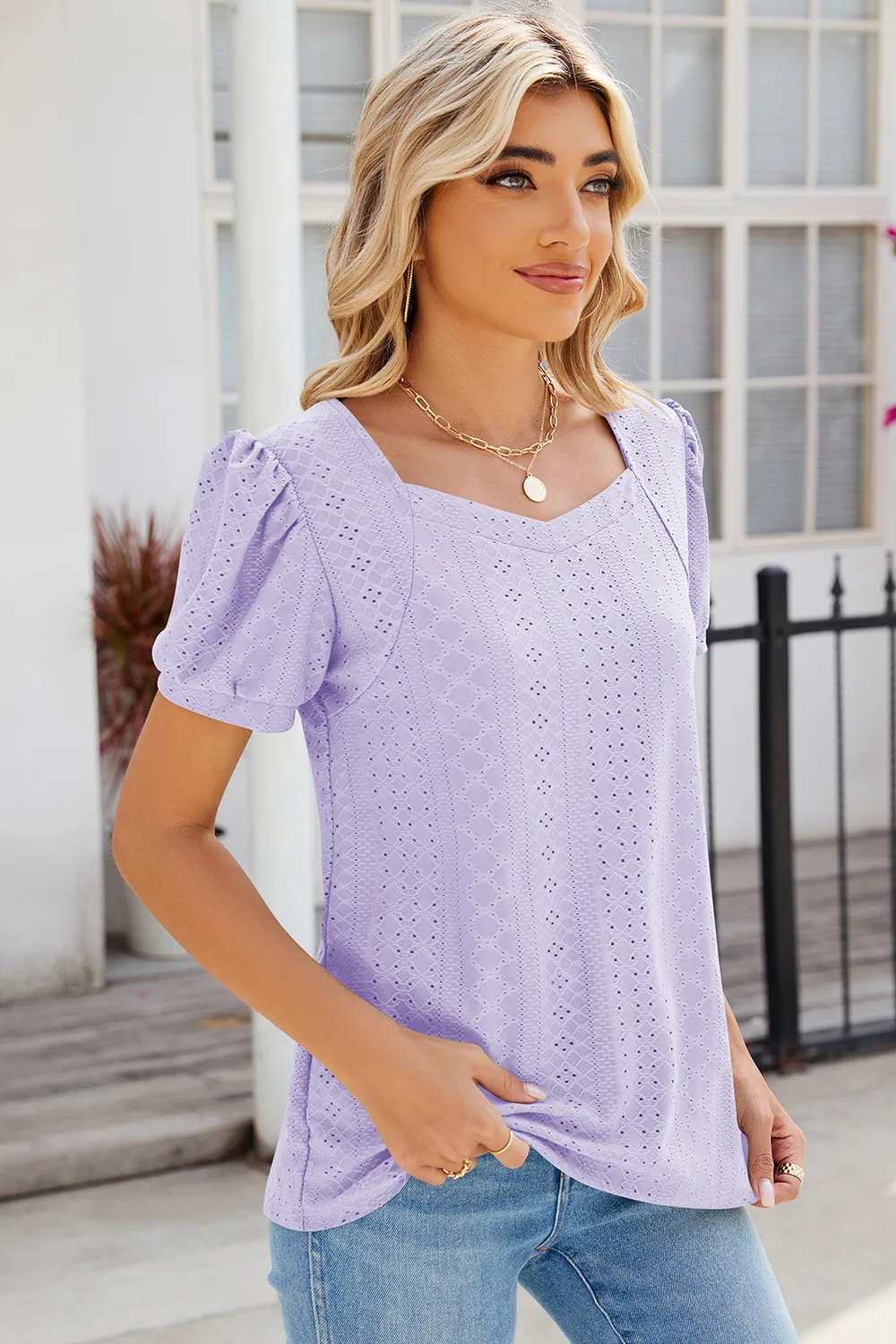 Eyelet Puff Sleeve T-Shirt, image 5