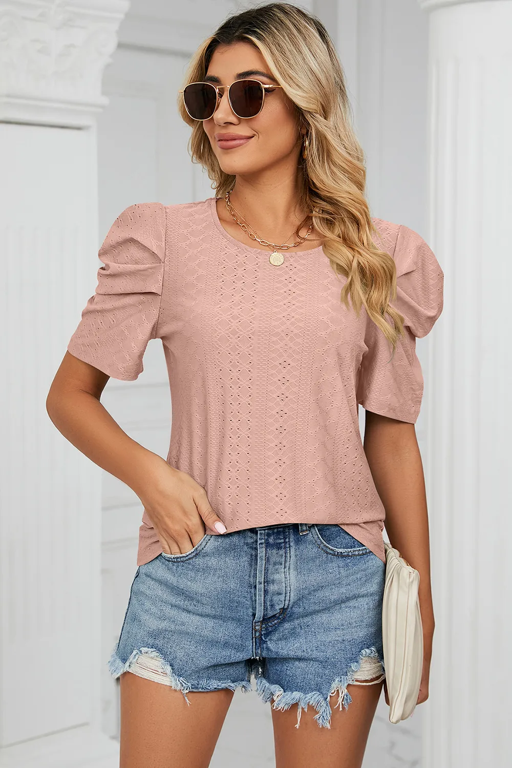 Eyelet Round Neck Puff Sleeve T-Shirt, image 14