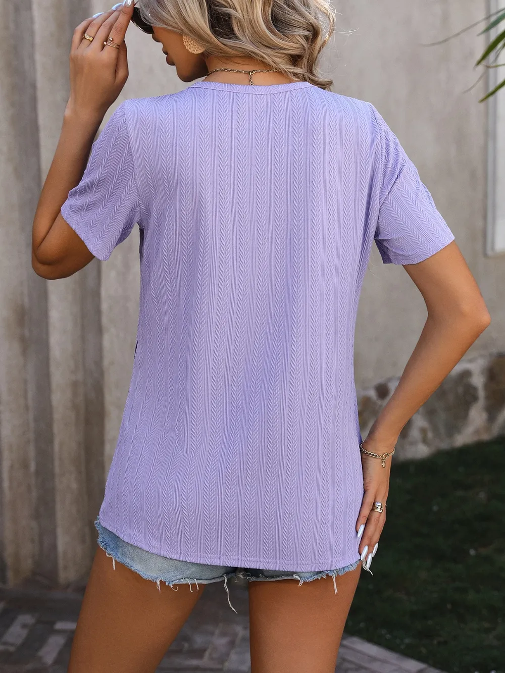 Decorative Button Round Neck Short Sleeve Blouse, image 3