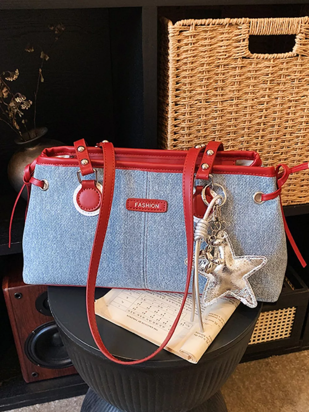 Denim Shoulder Bag with Star Charm, image 2