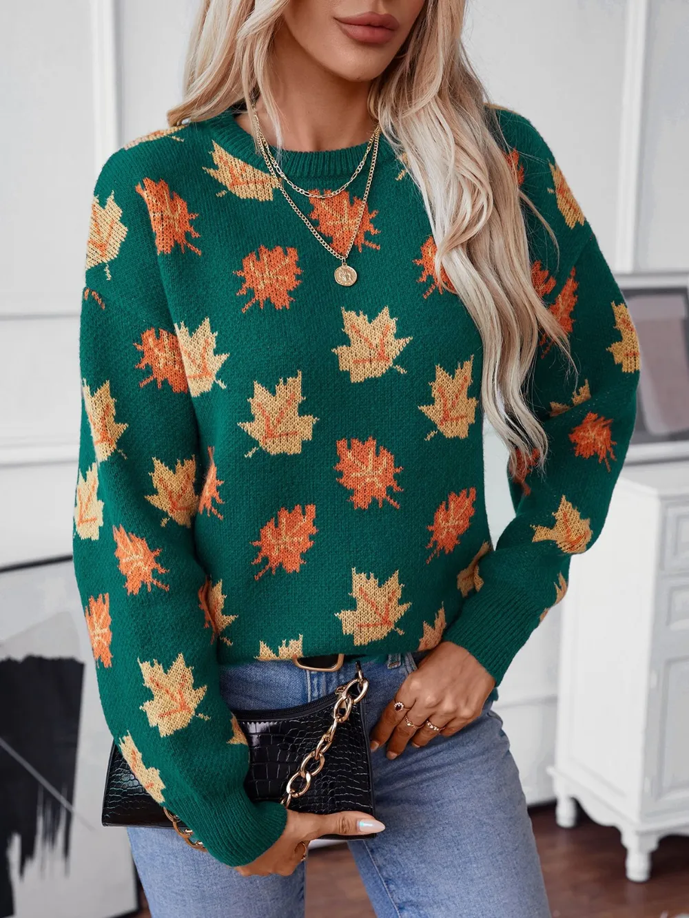 Maple Leaf Round Neck Long Sleeve Sweater, image 2