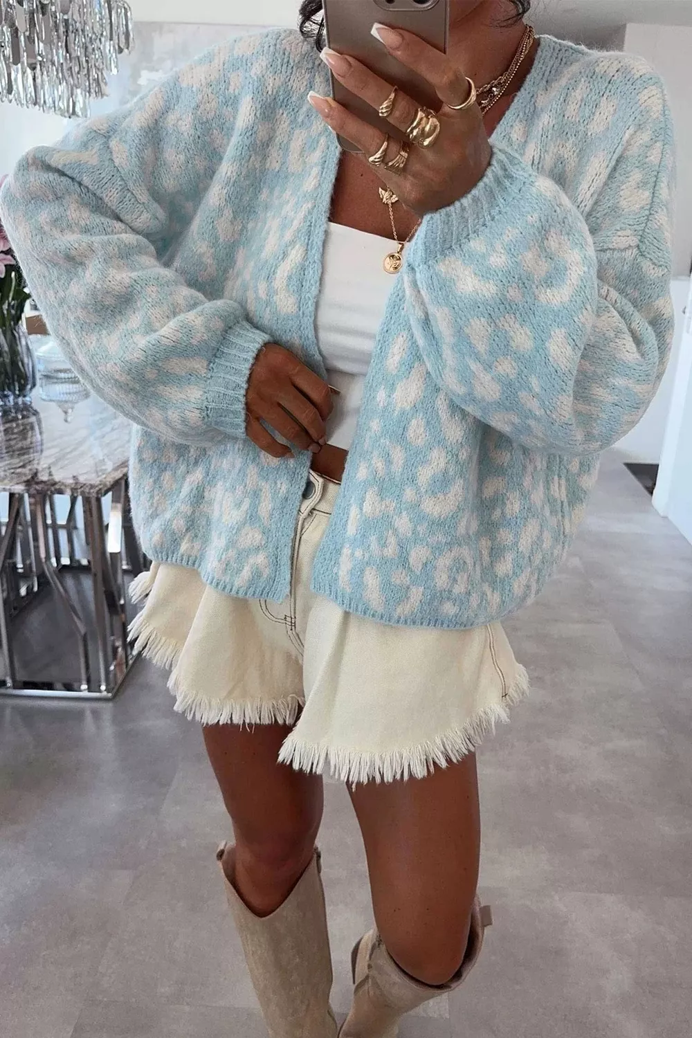 Leopard Print V Neck Long Sleeve Loose Fit Knit Cardigan, image 3