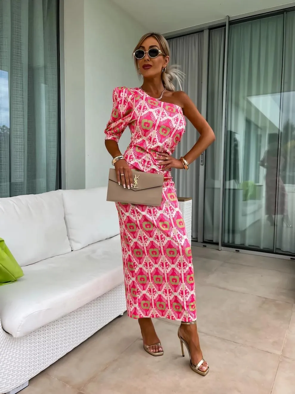 Slit Printed Single Shoulder Midi Dress, image 6