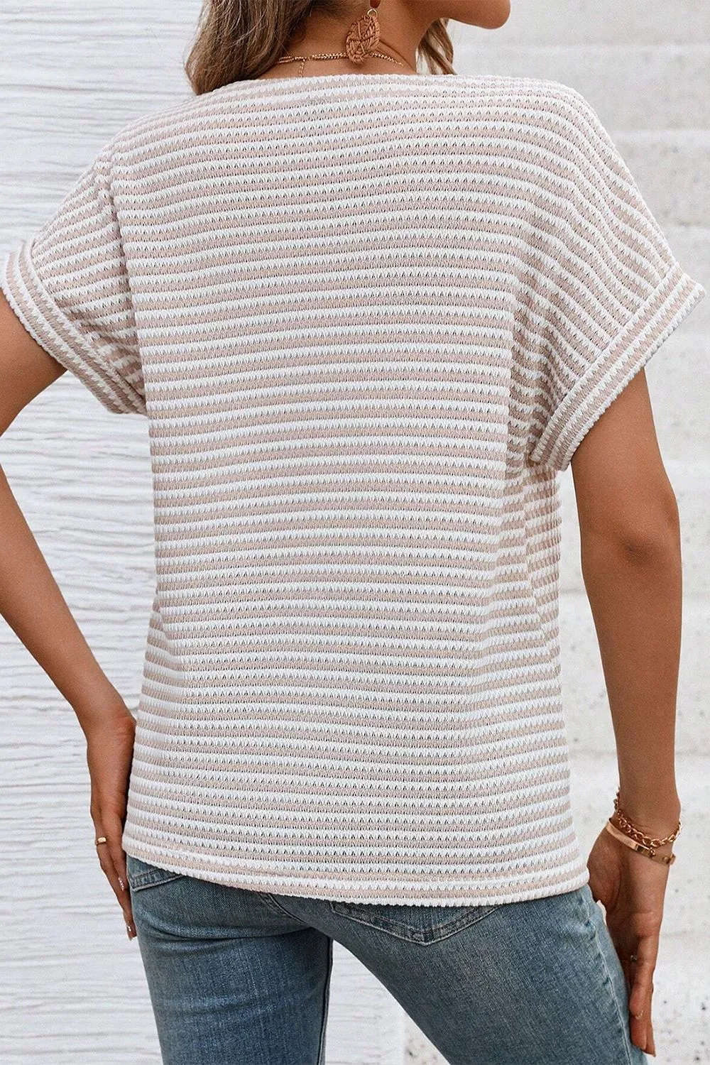Stripe Buttoned Front V Neck T Shirt, image 10