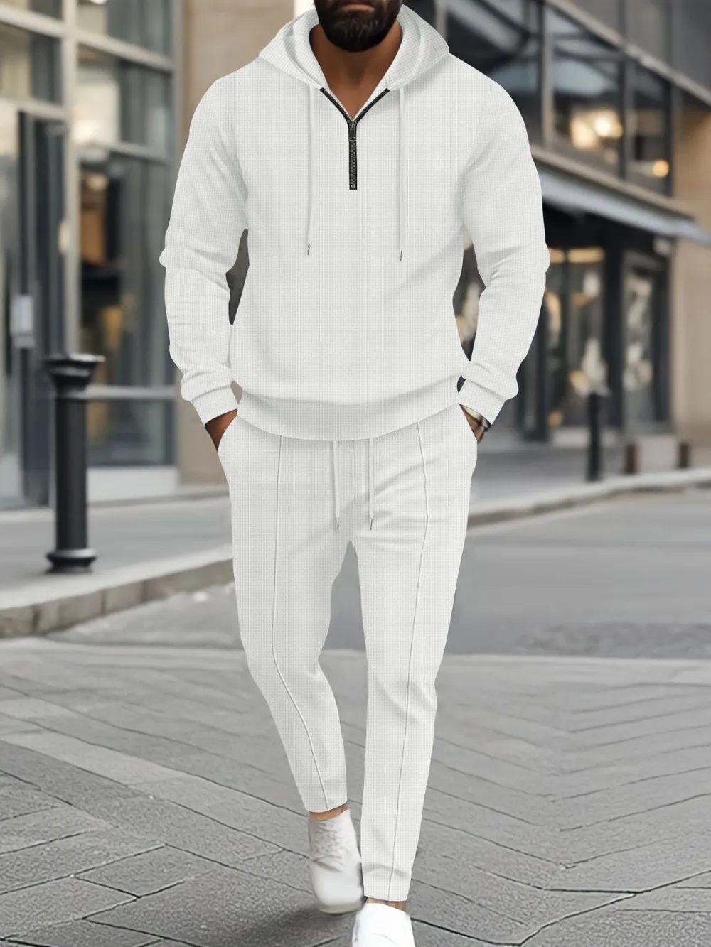 Men's Full Size Waffle-Knit Half Zipper Hoodie and Pants Set Plus Size, image 4