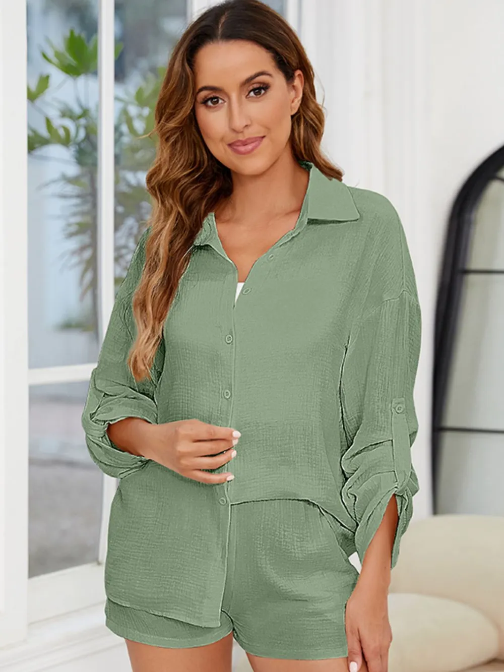 Button Up Long Sleeve Top and Shorts Set, image 17