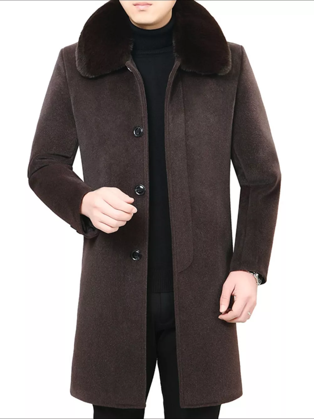 Men's Fur Collar Button Up Overcoat, image 4