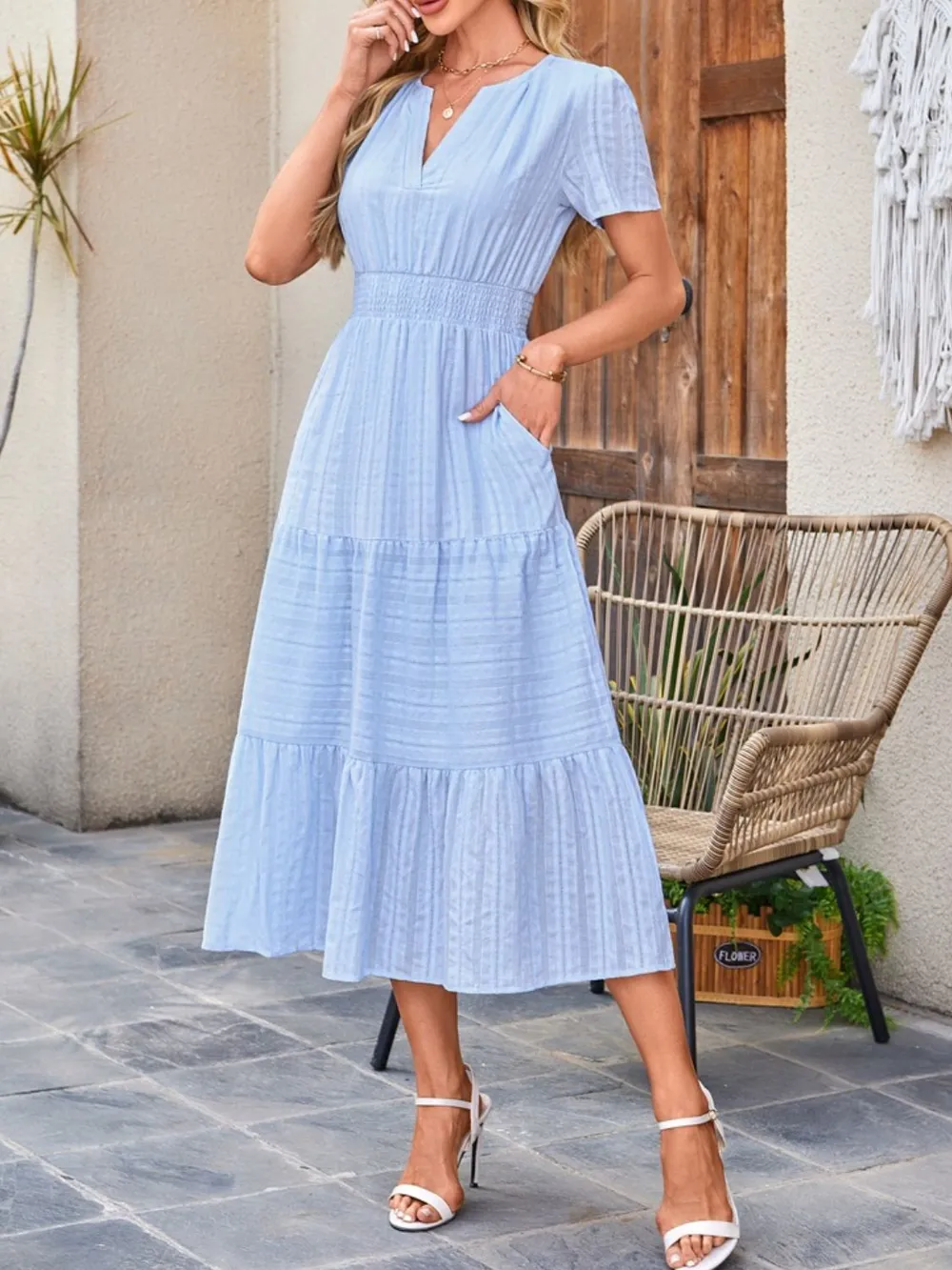 Tiered Notched Short Sleeve Dress, image 23