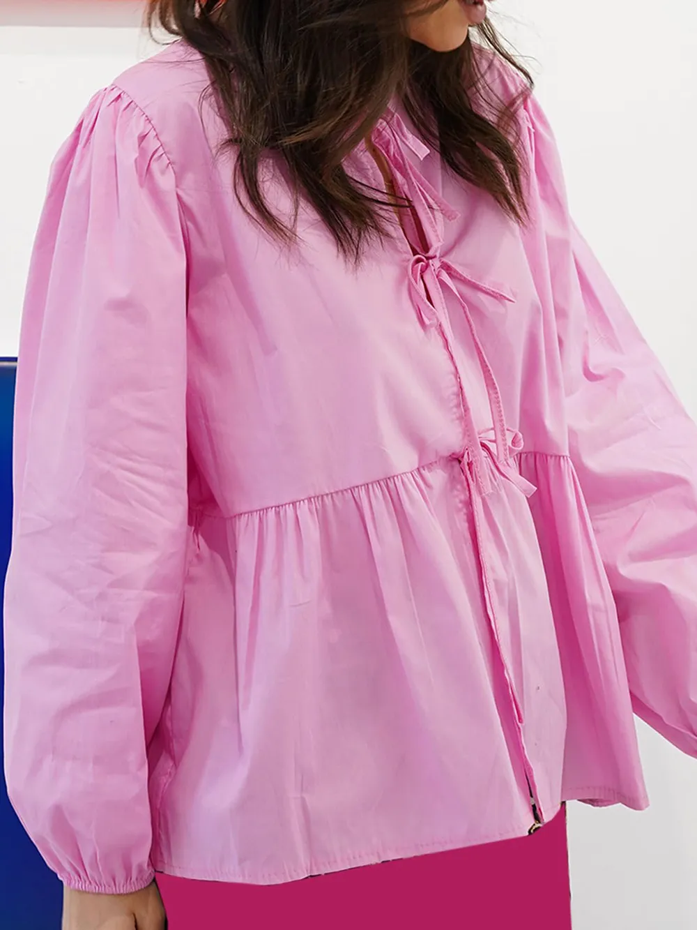 Tied Round Neck Long Sleeve Blouse, image 7