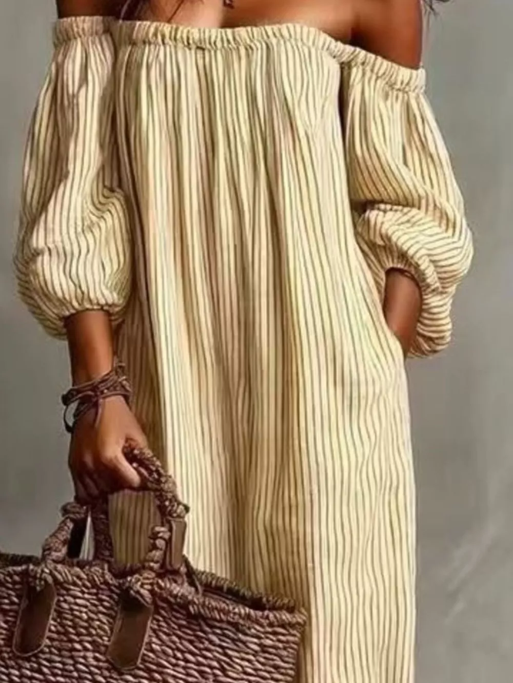 Full Size Off-Shoulder Striped Maxi Dress with Puff Sleeves Plus Size, image 10