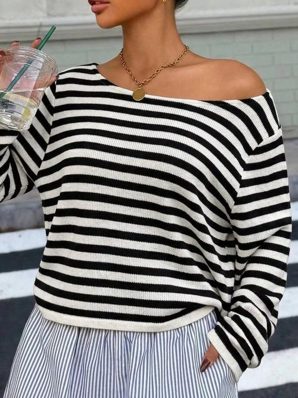 Boat Neck Striped Long Sleeve T-Shirt, image 3