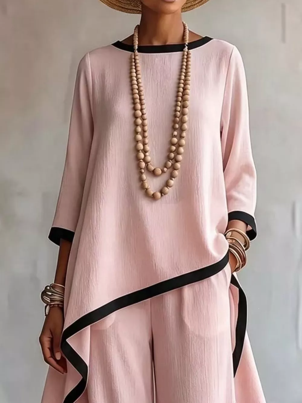 Full Size Contrast Trim High-Low Top and Pants Set Plus Size, image 17