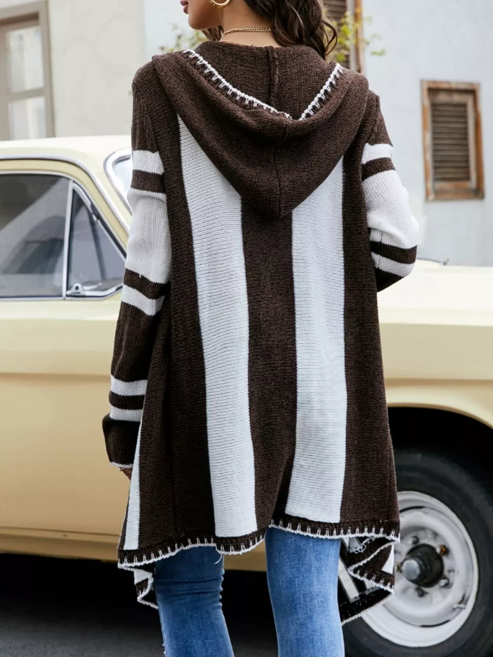 Striped Hooded Open Front Cardigan, image 5