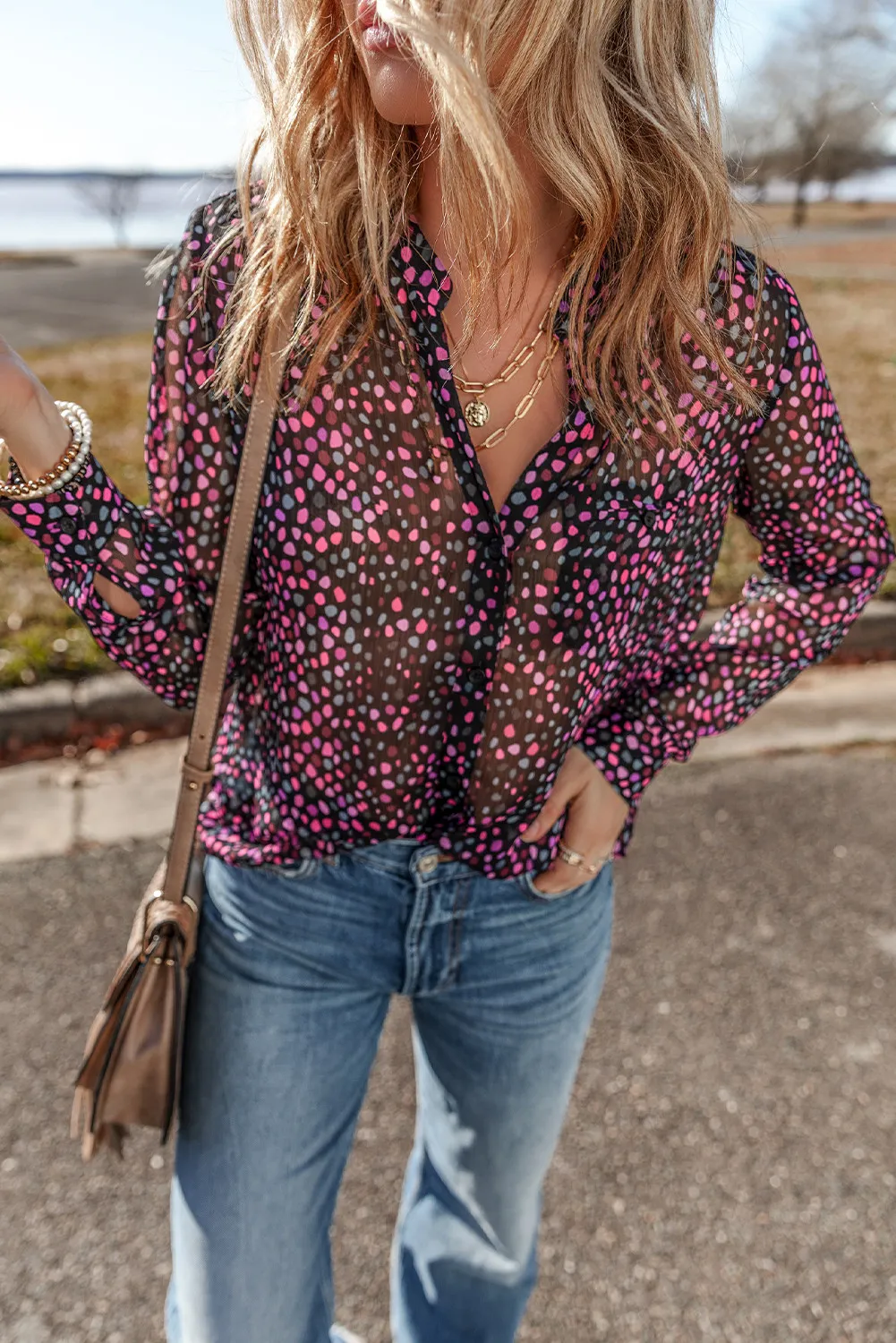 Printed Notched Long Sleeve Blouse, image 4