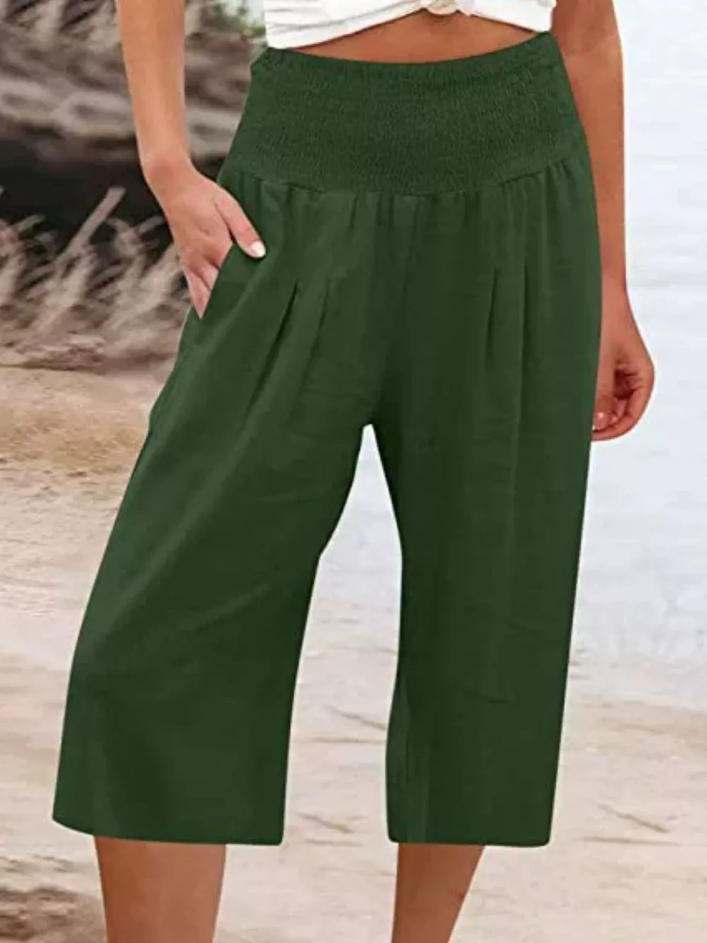 Smocked Wide-Leg Capri Pants, image 10