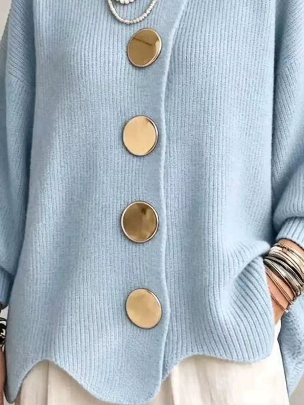 Full Size Gold Buttons Lantern Sleeve Cardigan Plus Size, image 6
