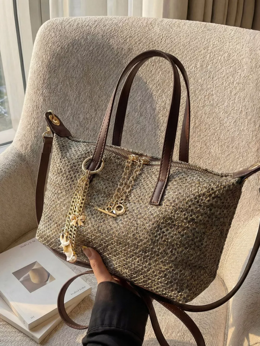 Woven Crossbody Bag with Gold Chain Accents, image 6
