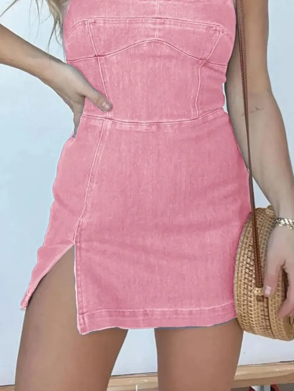 Full Size Slit Square Neck Denim Dress Plus Size, image 10