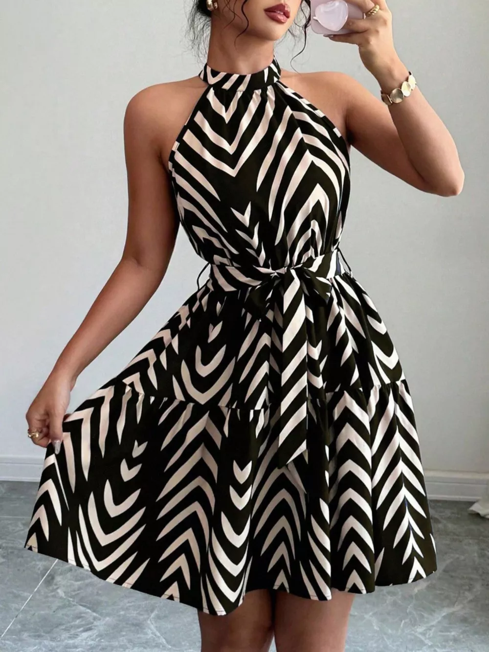 Zebra Print Halter Neck Tie Waist Ruffle Hem Dress, image 5