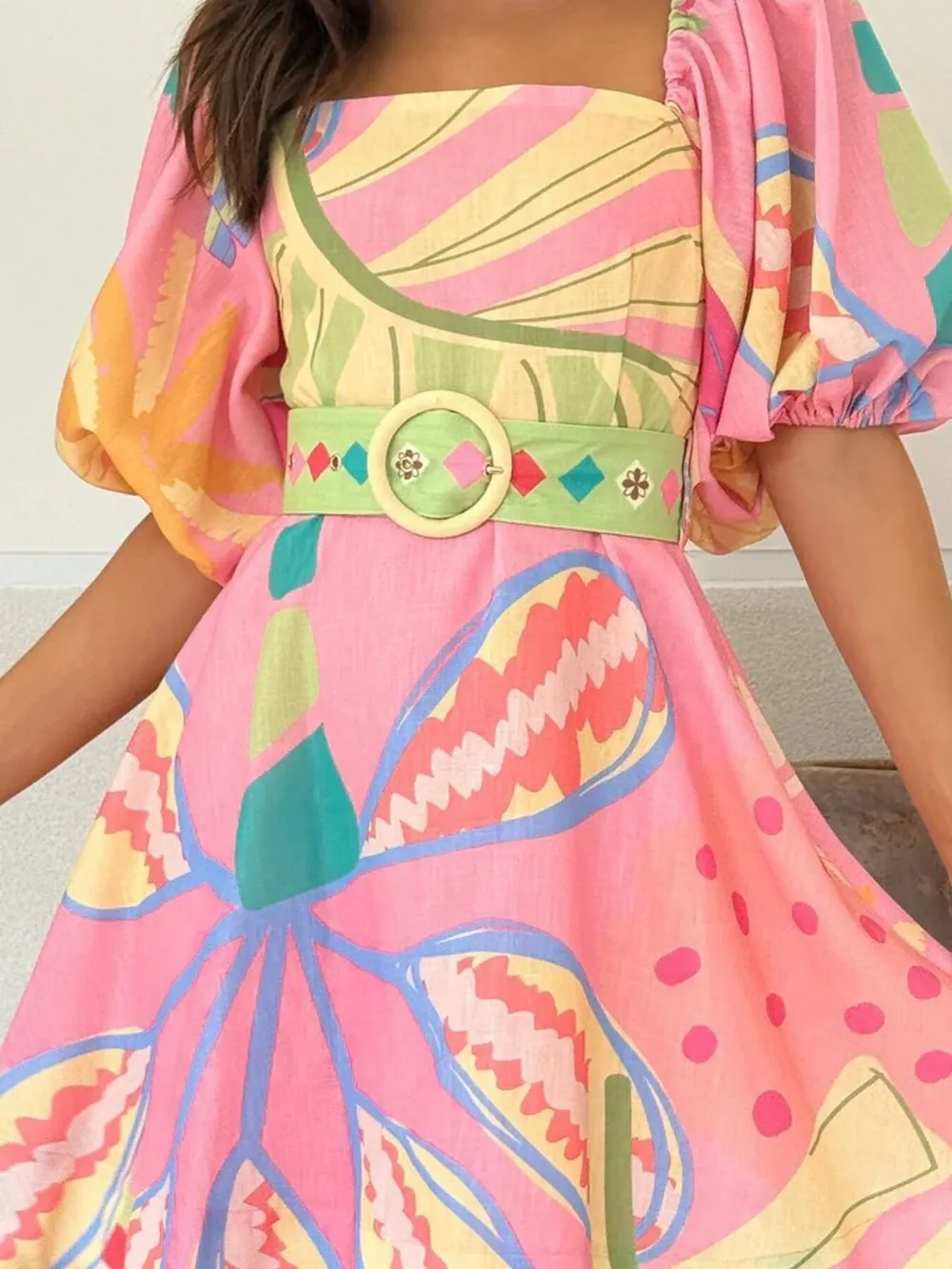 Colorful Print Belted Mini Dress with Puff Sleeves, image 2