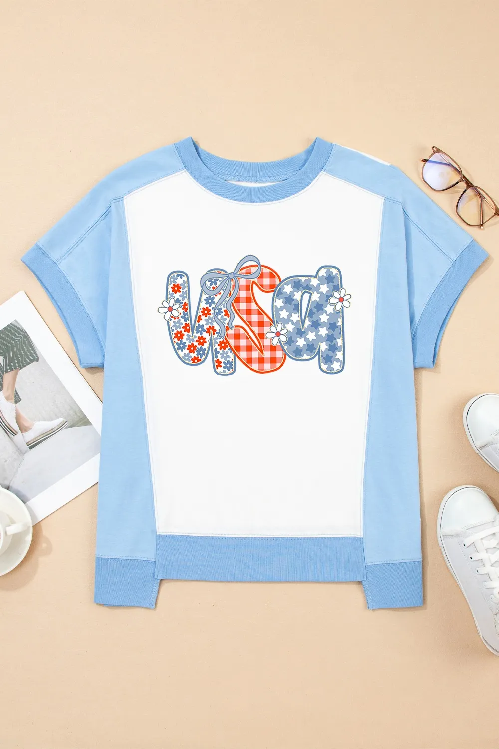 Star Plaid Flower USA Graphic Color Block Crewneck T Shirt, image 6