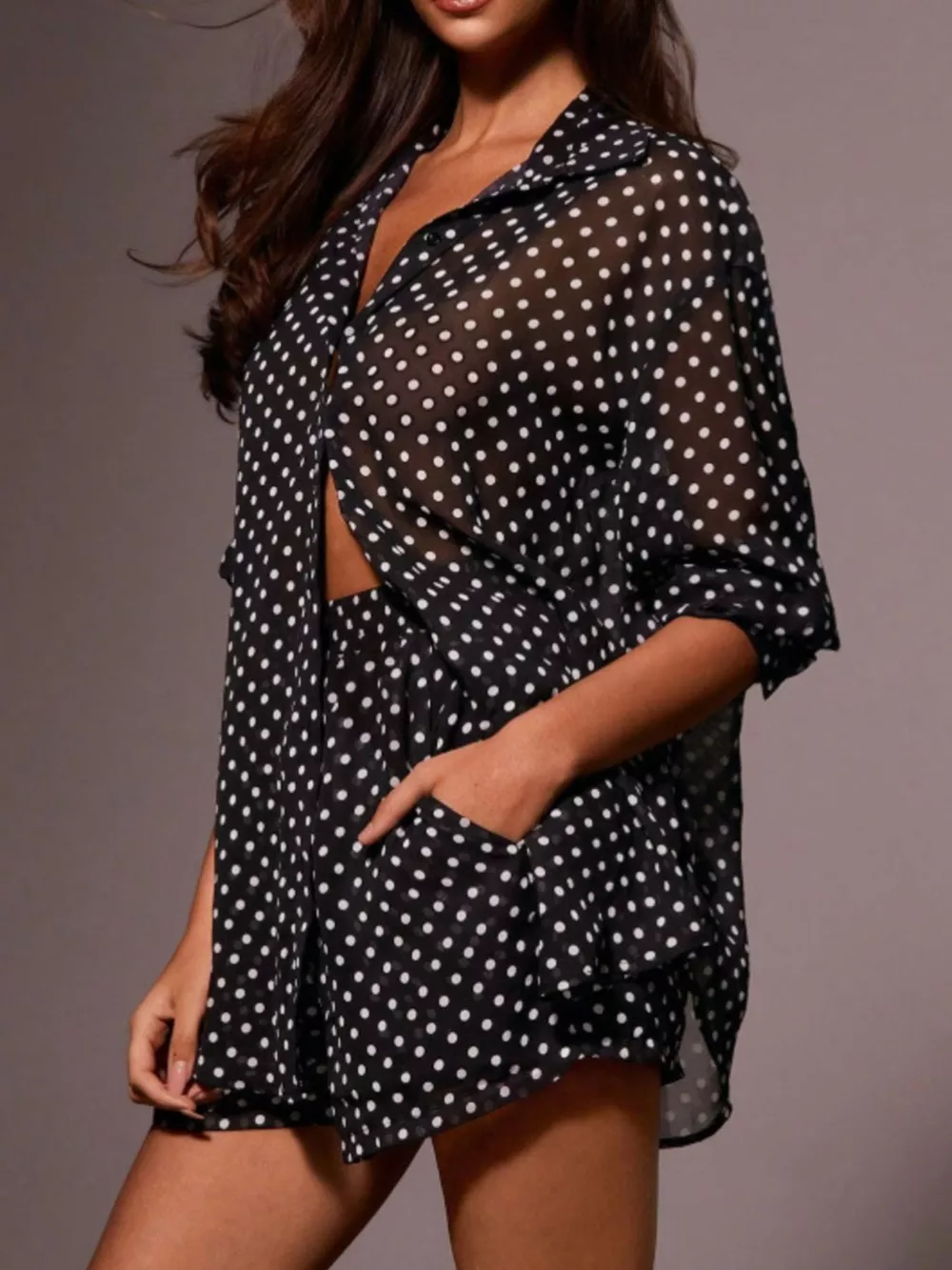 Polka Dot Button Up Shirt and Shorts Set, image 2