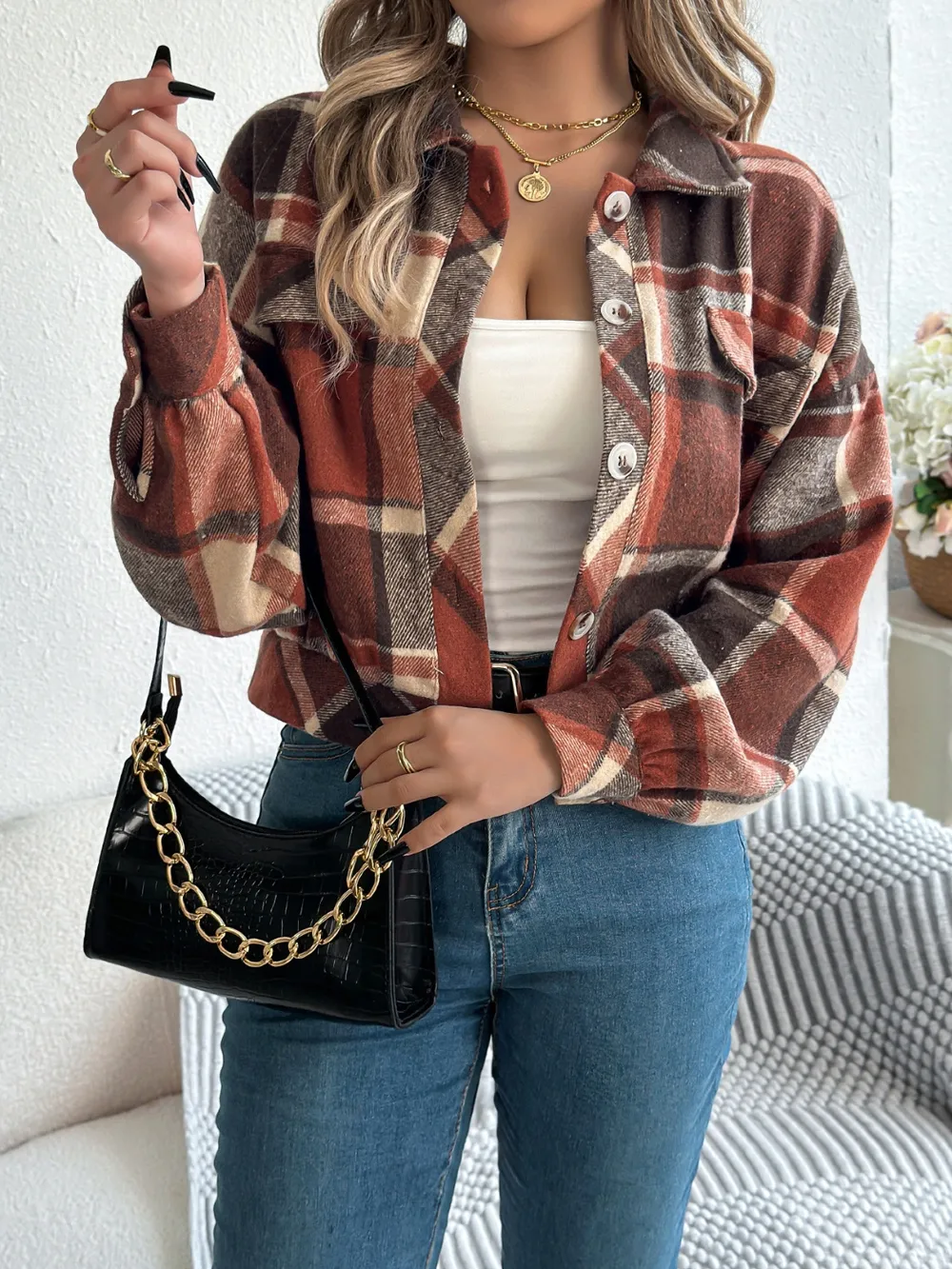 Plaid Button Up Long Sleeve Jacket, image 3
